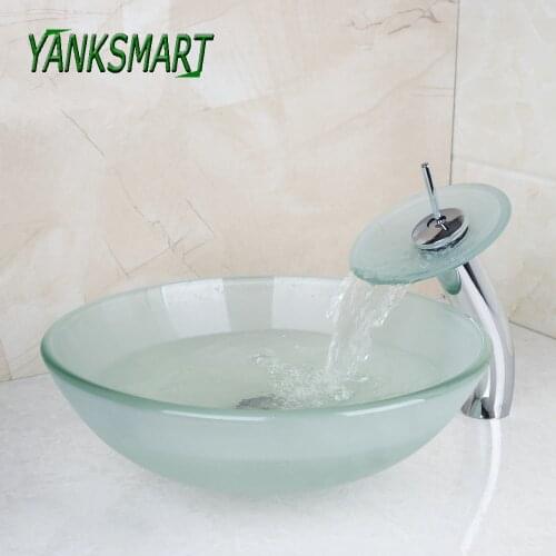YANKSMART Transparent Glass Tempered Round Washbasin Bathroom Basin Sink Faucet Sets Deck Mounted Mixer Tap With Pop-up Drain