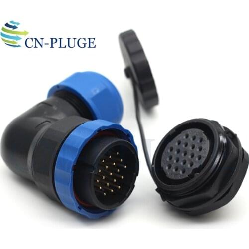 SP28 Type 19 pin Aviation Waterproof Wire Connector 28mm Right Angle Elbow Nut Cable Connector Male Plug & Female Socket IP68