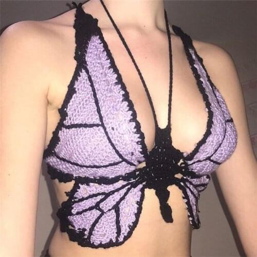 Summer Fashion Halter Knitted Crochet Crop Y2k Tops Sexy Hollow Backless Butterfly Vest Camisole Cropped Womens Clothes 2021