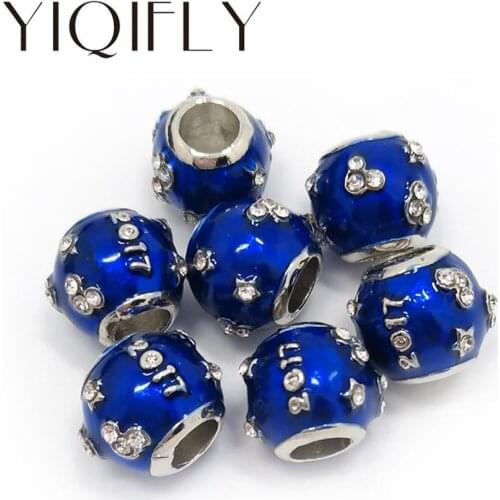 YIQIFLY Free shipping 2017 new 20pcs 11mm round shape blue oil-drip big hole alloy rhinestone beads fit European bracelet DIY