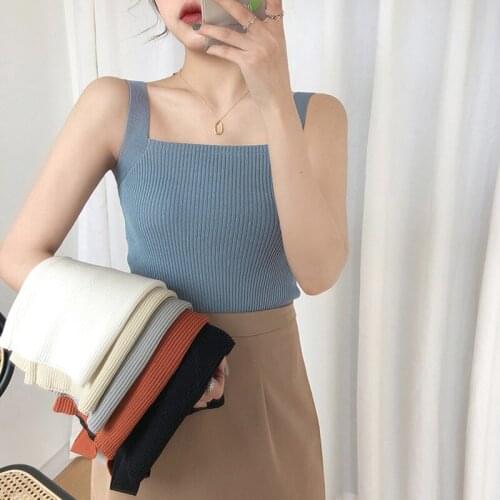 Womens Sexy Square Collar Solid Color Sleeveless Vest Summer Sweet Ladies Knitted Bottoming Tank Top 2021