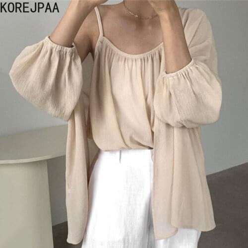 Korejpaa Women Sets 2021 Summer Korean Chic Ladies Gentle Loose Bottoming Camisole Temperament Sunscreen Chiffon Shawl Coats