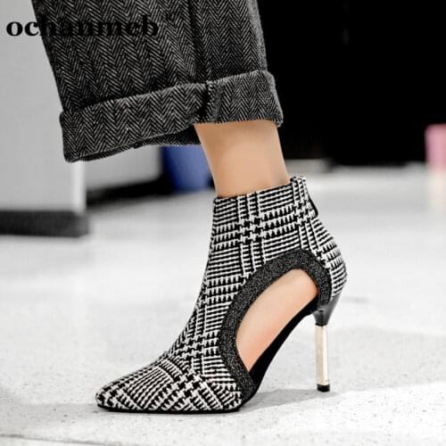 Ochanmeb small size 32 33 chic houndstooth hollow cut out spring summer boots women shoes steel metal stiletto heels shiny pumps