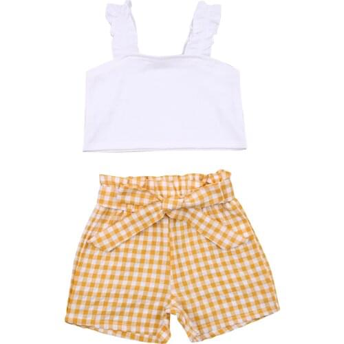 2021 2-7Y Baby Summer Girl Clothing Shirt Off Shoulder Blouse White Pleated Strpas Vest+Plaid Loose Shorts Cute 2pcs Outfits