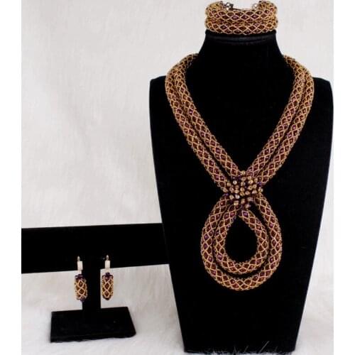 4UJewelry Purple Gold Jewelry Set Bridal Necklace Earring Bracelet Set African beaded Flower Jewellery Set 8 Design 2020 Fashion