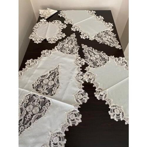 5 Parça Salon Takımı Linen Kumaş Fransız Dantelli