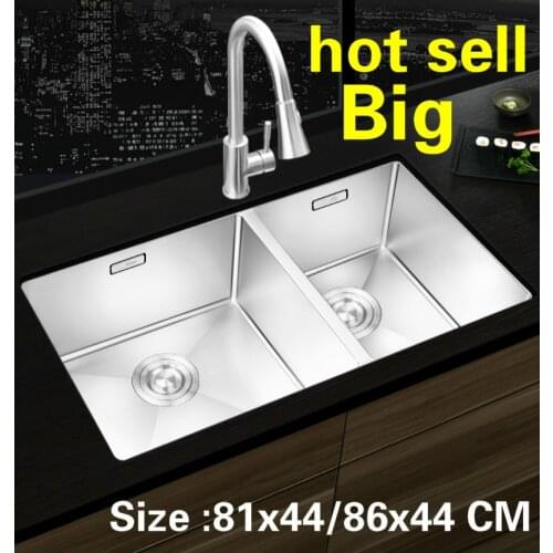 Free shipping Household food grade 304 stainless steel big kitchen manual sink double groove vogue hot sell 81x44/86x44 CM