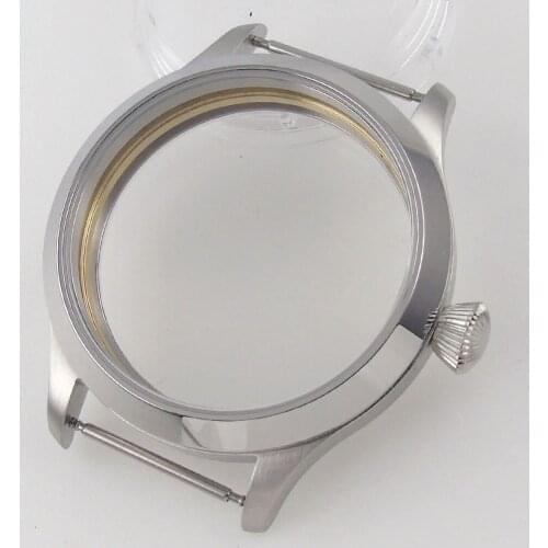 45mm Watch Case Fit For ETA 6497/6498 ST 3600/3620 Handing Wind Movement Polished Bezel See-through Back Cover Mineral Glass