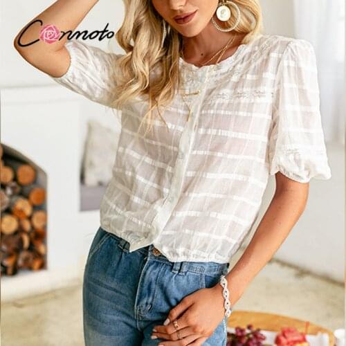Conmoto Holiday cotton womens short blouse summer Sexy transparent female blouses white Loose embroidered ladies blouse shirt