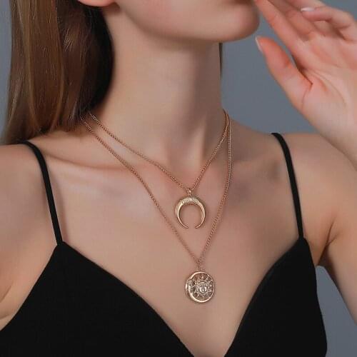 Retro Double Layer Sun Moon Pendant Necklace Gold Color Alloy Clavicle Chain Necklace for Women Collar Party Jewelry Gift