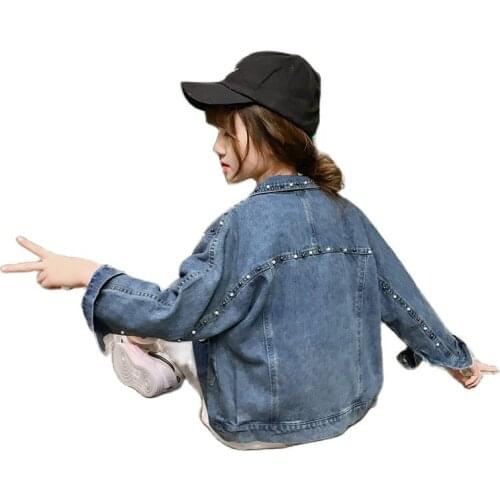 Pearls Beading Teenage Girls Denim Jacket Children Fashion Coats Autumn Teen Girls Clothes Outerwear Jean Jackets 10 11 12 13 14