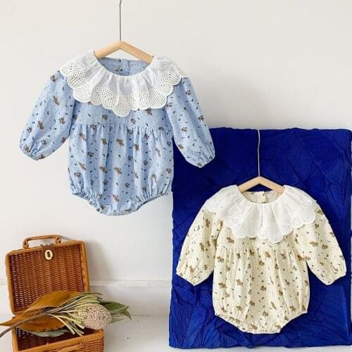 Korean Style Newborn Baby Girls Jumpsuit Floral Print Stitching Spring Autumn Baby Girls Clothes Toddler Baby Girl Romper