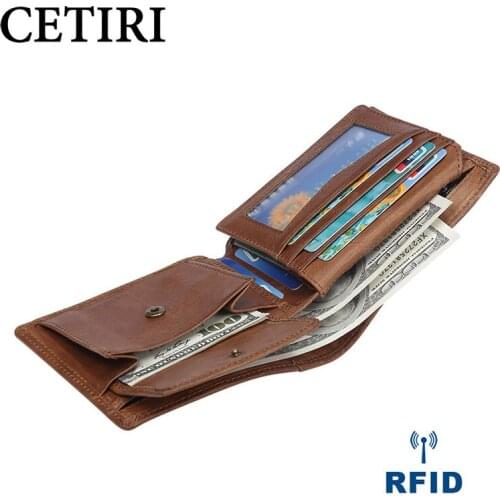 Retro Men Wallet Genuine Leather Short Wallets Male Multifunctional RFID Blocking Cowhide Purse Coin Pocket Holder Mens Wallet