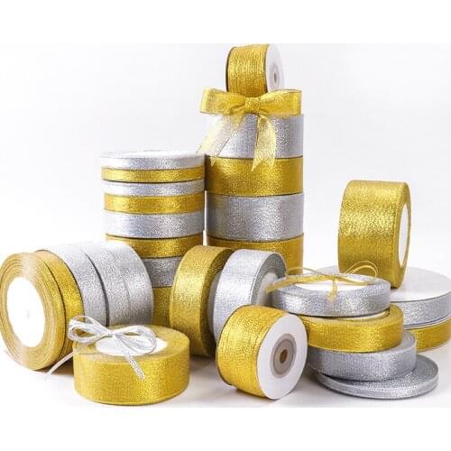 1pc 6mm-50mm size 22Meter/roll silver gold Metallic Glitter Ribbon Christmas decoration wedding party DIY cake bow packing belt