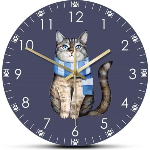 Cute Gray Tabby Kitten Dressed in Blue Textile Striped Knitted Scarf Printed Acrylic Wall Hanging Clock Pet Shop Decor Watch