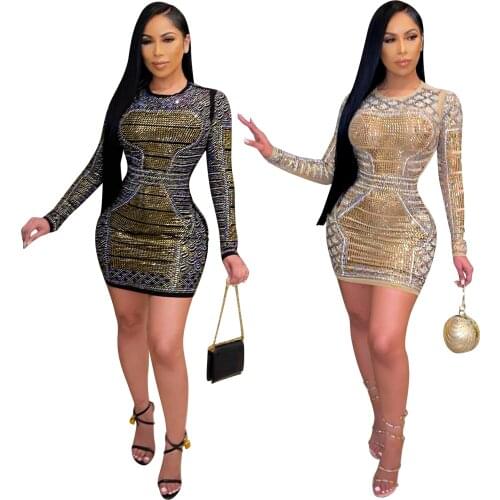 SUJYing Fashion New Sexy Nightclub Long Sleeve Hot Drilling Dress Womens
