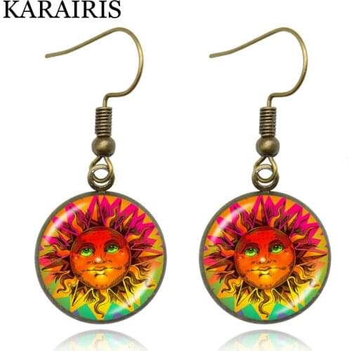 KARAIRIS Trendy Sun and Moon Drop Earrings Crescent Moon Earring Moon Sun Ear Hook Glass Cabochon Earrings Handmade Jewelry