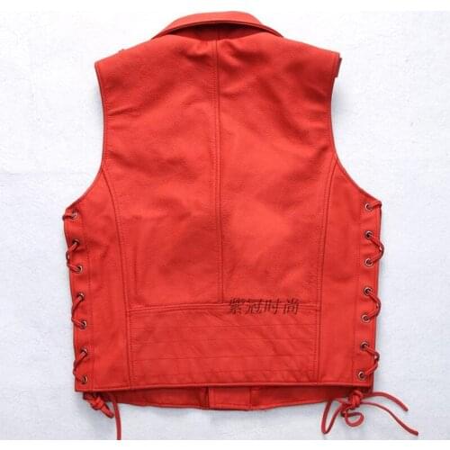 Mens fashion genuine red adjustable waist slim fit sleeveless leather jacket men motorcycle vest male S-XXXL