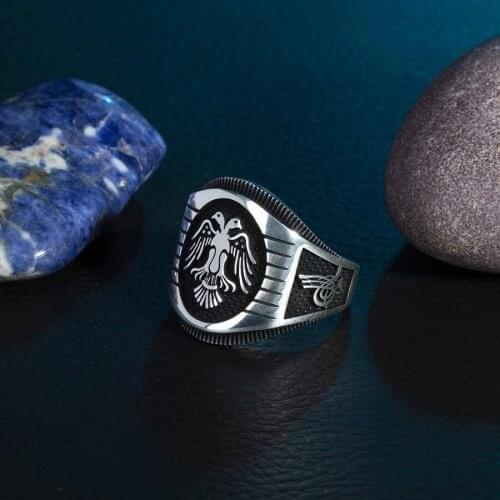 Ottoman Coat of Arms - Tughra Motif Ring Two Eagle Head Silver Ring Gerat Seljuk Emparie Model Ring Silver Men Ring