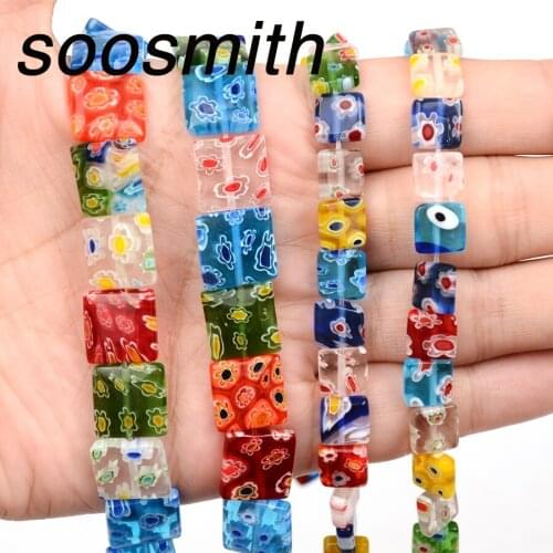 Multicolor Flower Pattern Colorful Square Shape Glass Beads Lampwork Natural Stone Bead For Jewelry Making Diy Crafts Accessory