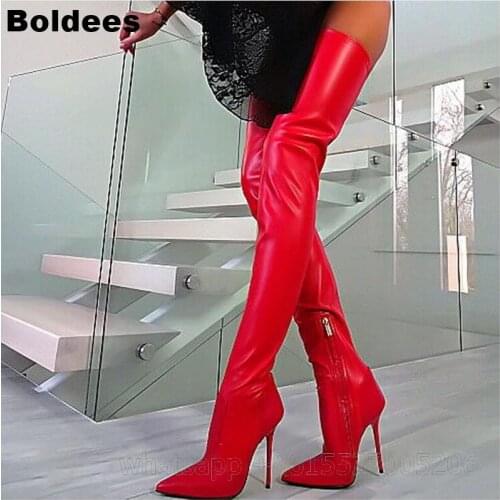 Red Patent Leather Elastic Stretch Fabric Crotch Thigh High Boots Women Over-the-Knee Heel High Heels Pointed Toe Boot