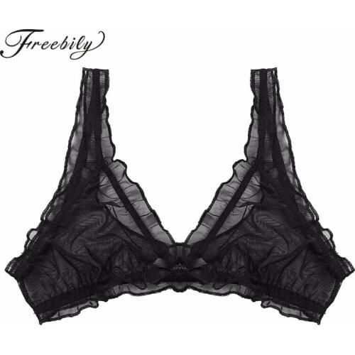 Sexy Lace Frilly Thin Triangle Bra For Women Lingerie Wireless Underwear Transparent Push Up bras Solid White/Black Bralette