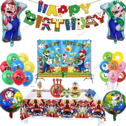 Super Mario Theme Birthday Party Balloon Disposable Tablewares Set Kid Birthday Party Banner Decoration Napkin Paper Cup Supplie