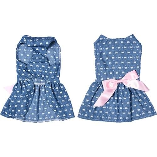 Comfortable Polyester Jeans Pet Princess Dress For Summer And Spring Cute Pet Dog Clothes With Fashionable Bowknot 1 PCS