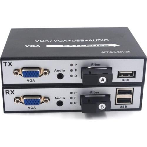 High Quality 1080P VGA Extenders VGA to Fiber Media Converters with KVM USB and Stereo 3.5mm Audio- SC Singlemode 20Km