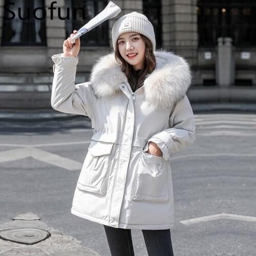 Suofun Casual Cotton Liner Short With Hooded Fur White Casual 2021 Fashion England Style Winter Warm Women Oversize Parka Coats