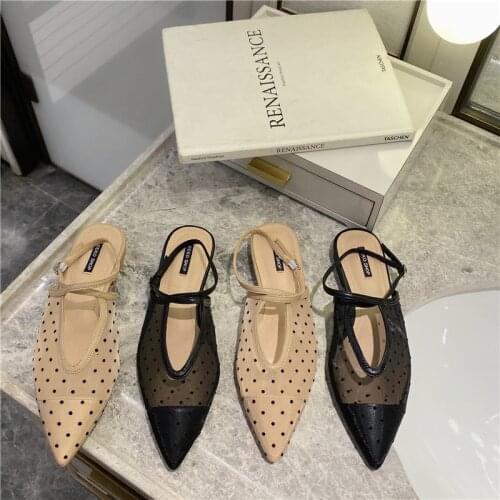 2021 spring new fashion single shoes women net yarn wave point flat bottom lazy shoes pointed toe half sandals and slippers