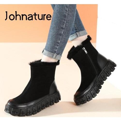 Johnature Winter Warm Shoes Women Boots Genuine Leather 2021 New Round Toe Zip Sewing Handmade Concise Leisure Platform Boots