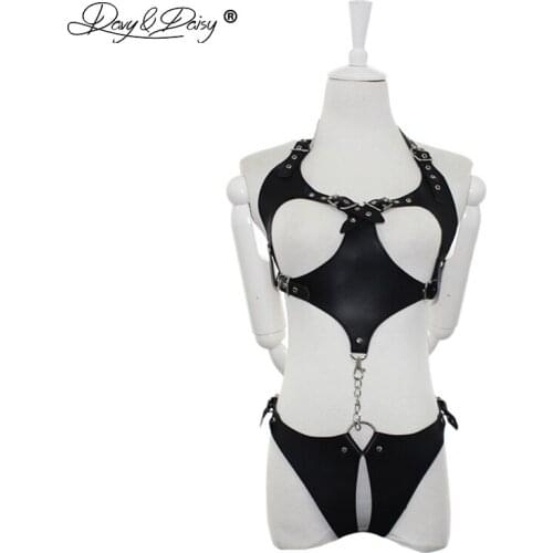 DAVYDAISY Women Sexy Bodysuits Harness Open Bust Open Crotch PU Leather Catsuits Sexy Lingerie Teddies Sexy Costumes TE518