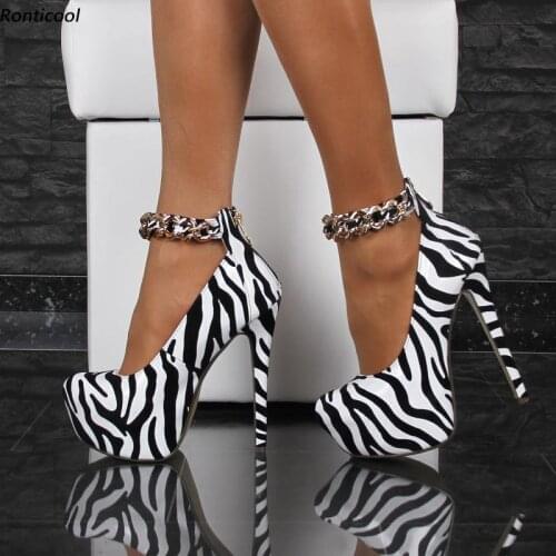 Ronticool Handmade Women Zebra Pumps Ankle Strap Buckle Stiletto High Heels Round Toe Black Party Shoes Women US Plus Size 5-20