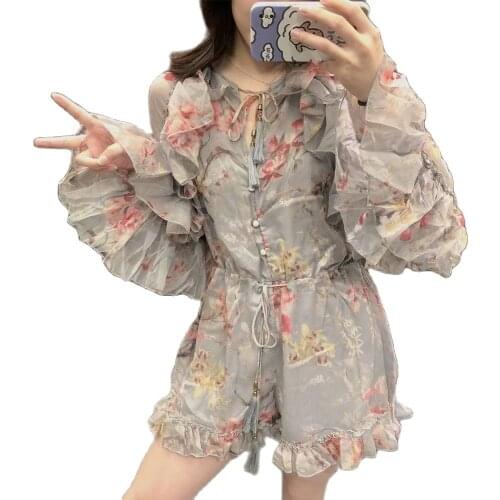 Ladies 2021 Fashion Print Flowy Round Neck Jumpsuit, Lotus Lace Long Sleeve Waist Belt Jumpsuit Shorts Streetwear