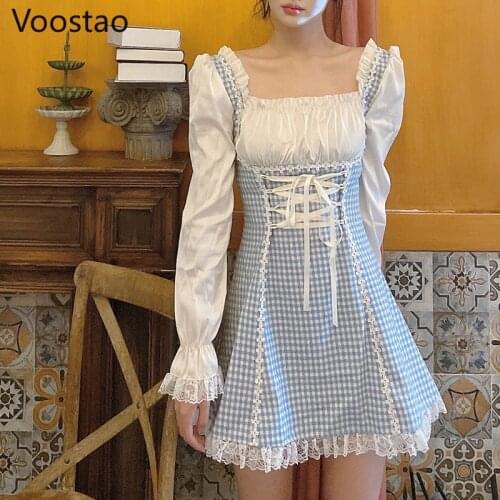 Sweet Lolita Plaid Dress Women Elegant Vintage Square Collar Puff Sleeve Lace Ruffles Fairy Dress Girl Cute Bandage Party Dress