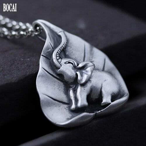 100% real S990 Foot Silver Pendant for Female Thai Elephant Pendant Chinese Style Thai Silver Bodhi Leaf Baby Elephant Pendant
