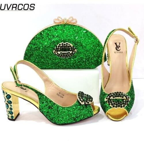 2021 African Hot Selling Italian Design Newest Ladies Shoes and Bag Set Decorated With Rhinestone in Green Color for Party