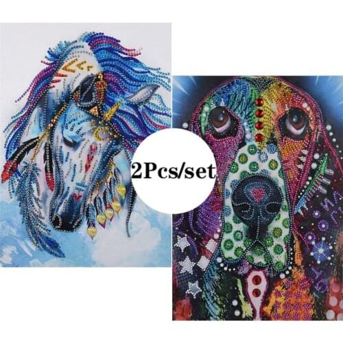 2Pcs 5D Diamond Painting Special Shaped DIY Partial Drill Cross Stitch Kits Crystal Pictures Of Rhinestones Animal Horse Dog
