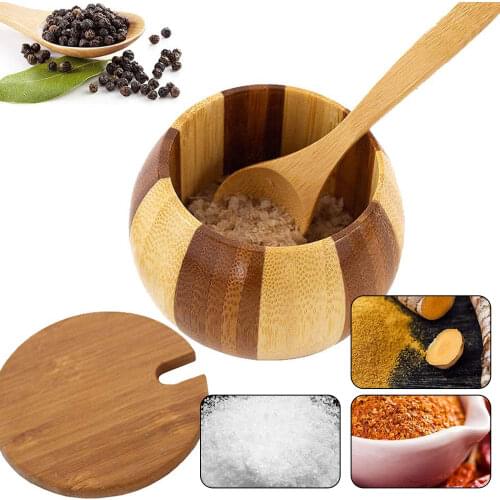 Natural Wood Spice Jar Style Cans Seasoning Salt Storage Container With Lid Sugar Bowl Salt Spoon Kitchen Tools Gadgets Salt Jar