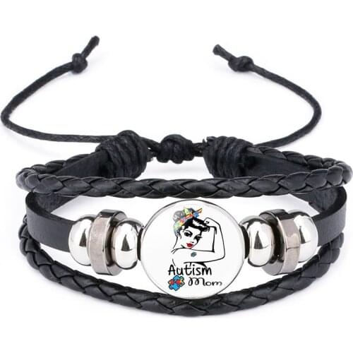 AUTISM Awareness Bracelet Handmade Knitted Leather Puzzle Bracelets Glass Cabochon Wristband Bracelet Fashion Accessories
