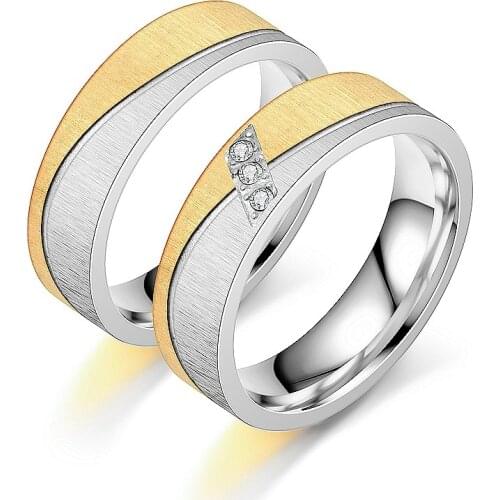 Gold Silver Color Cubic Zirconia Couple Rings Matte 6mm Stainless Steel Engagement Wedding Women Mens Gold Ring Vintage Jewelry