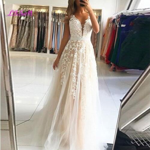 Long Prom Dresses 2020 A-Line V-Neck Lace Appliques Formal Dress Elegant Tulle Evening Party Gowns Robe De Soiree