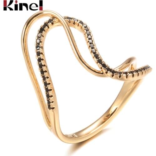 Kinel Hot 585 Rose Gold Twist Finger Rings For Women Micro Paved Black Natural Zircon Ring Ethnic Bride Wedding Jewelry