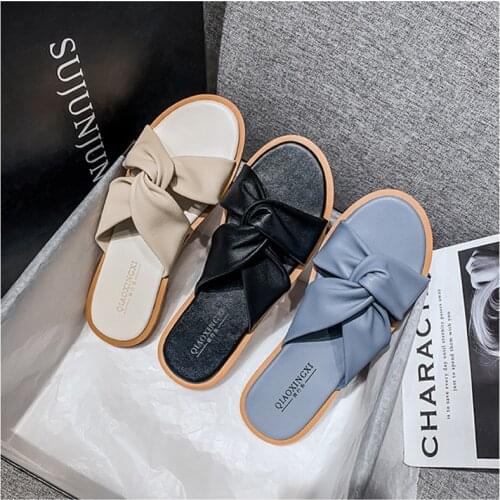 Cross band leather pleated slippers women flat beach slides anti-slip open toe flip flops 35-43 big size sandalias mujer 2020