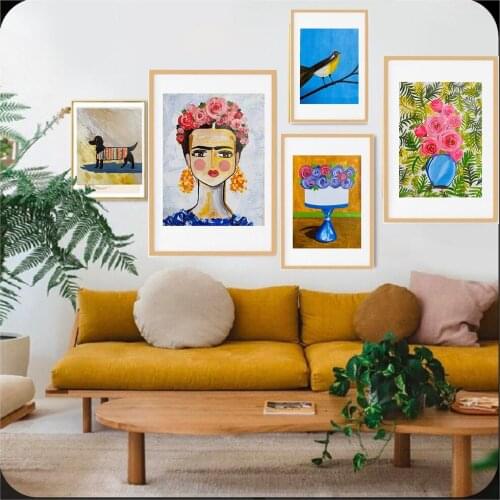 Colorful Cartoon Girl Portrait Decorative Painting Cute Flower Bird Dog Wall Canvas Poster Bedroom Hanging Pictures Home Decor