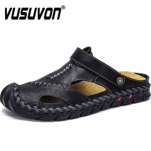 2021 Men Sandals & Slippers Fashion Solid Color Leather Summer Shoes Casual Comfortable Soft Beach Footwear for Male 38-48