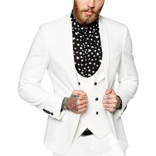 2020 New Men White Suits 3-Piece Double-breasted Vest Tuxedo Groomsmen For Wedding(Blazer+vest+Pants)