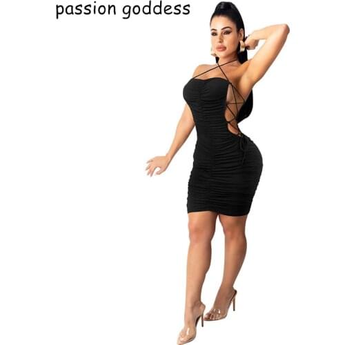 New 2021 Women Summer Off The Shoulder Slash Neck Pleated Bodycon Sexy Mini Club Dress Bandage Hollow Out Party Dress Robe Femme
