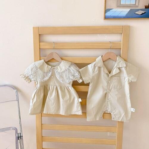 2021 New Summer New Baby Bodysuit V-neck Collar Romper Lace Collar Bodysuit Solid Clothes for Sister and Brothers